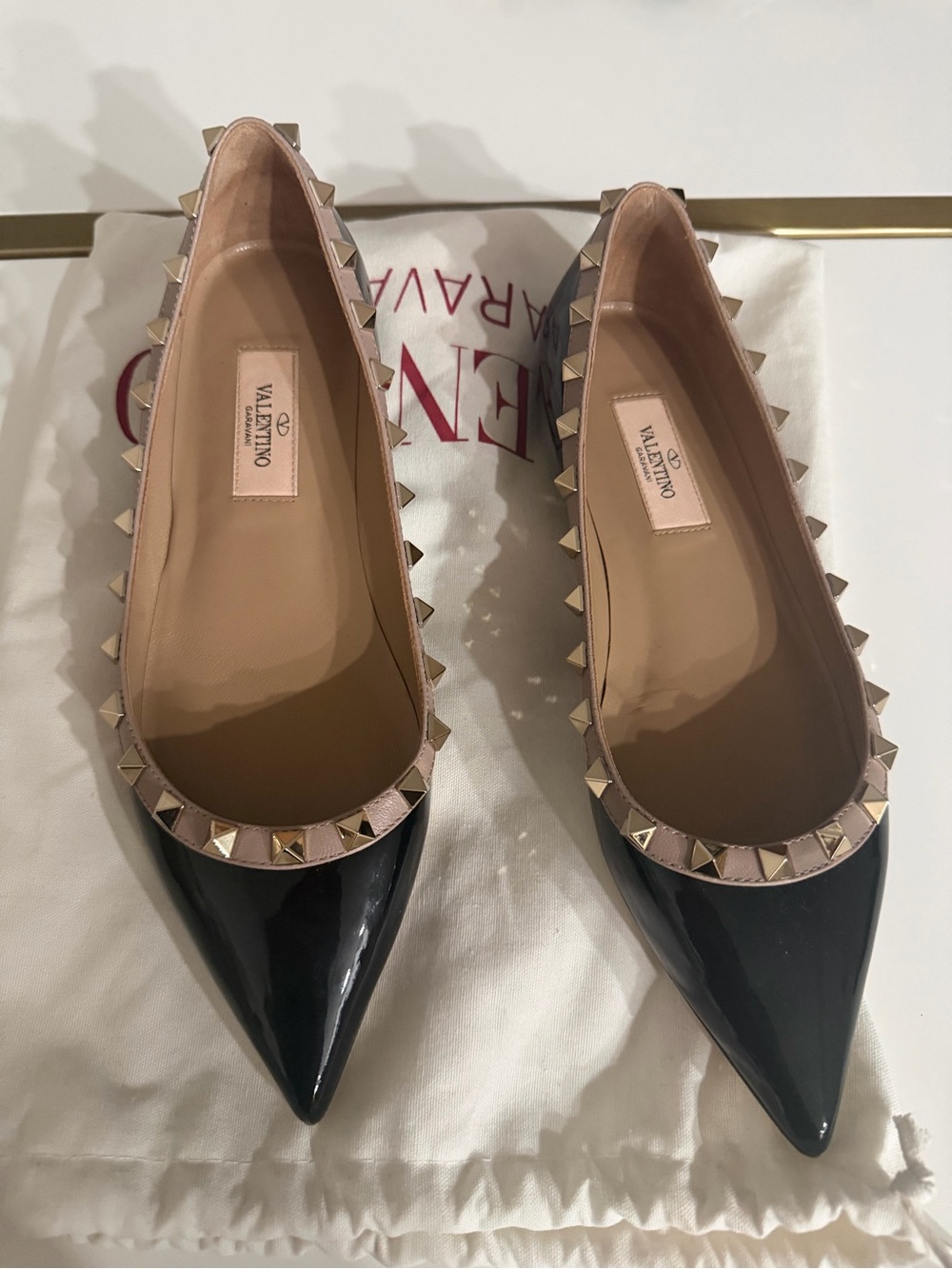 Valentino Garavani Black Leather Rockstud Pointed Flats with Nude Trim